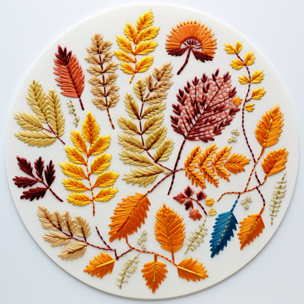 Autumn leaves dot embroidery on white background