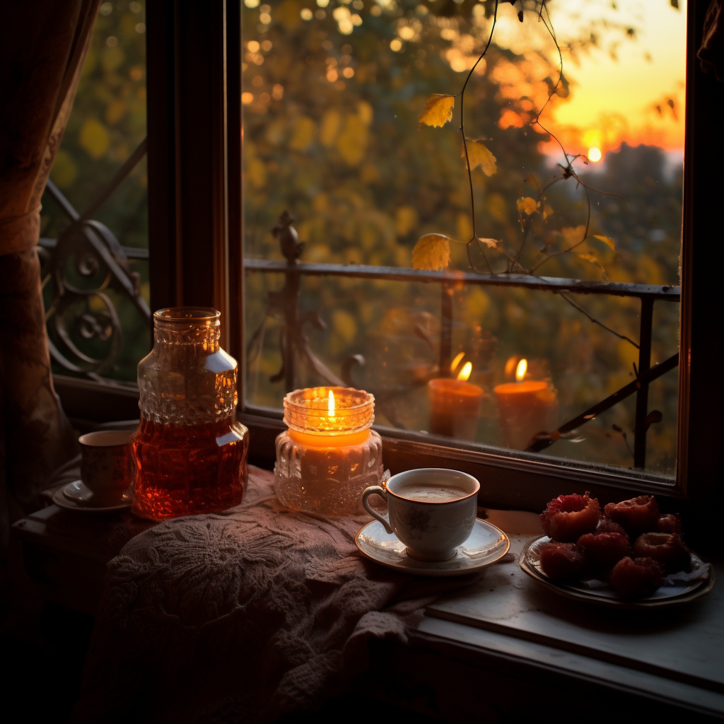 Autumn leaves on windowsill