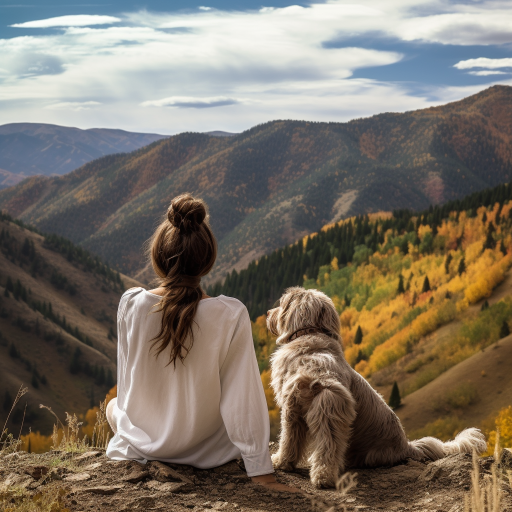 Girl and Dog on Colorful Autumn Mountain