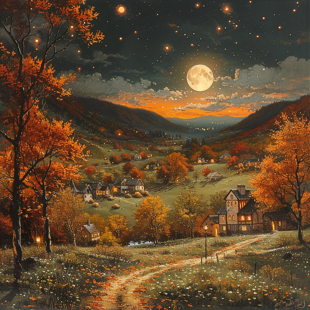 Moonlit small town night scene