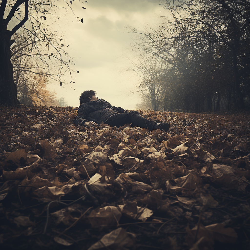 Person lying in autumn park with bone leaf ground