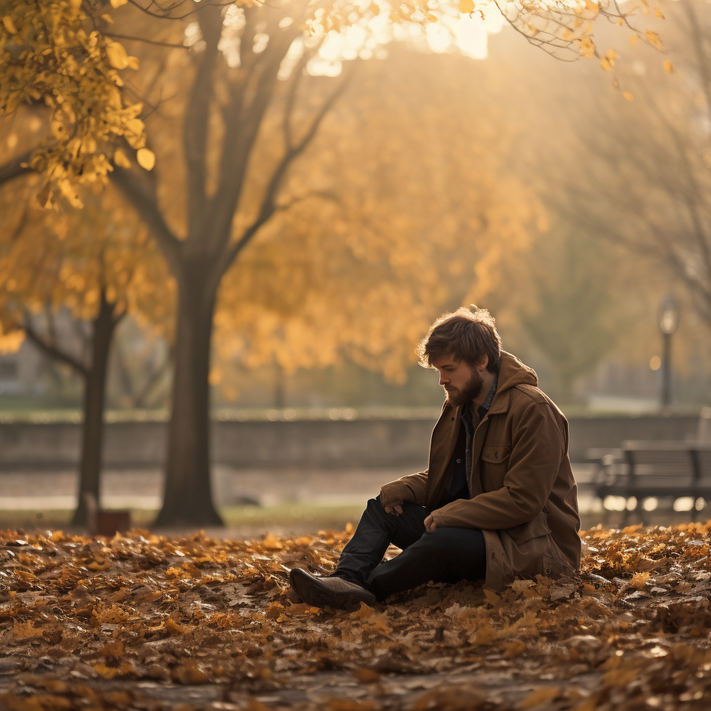 Depressed man sitting in autumn park