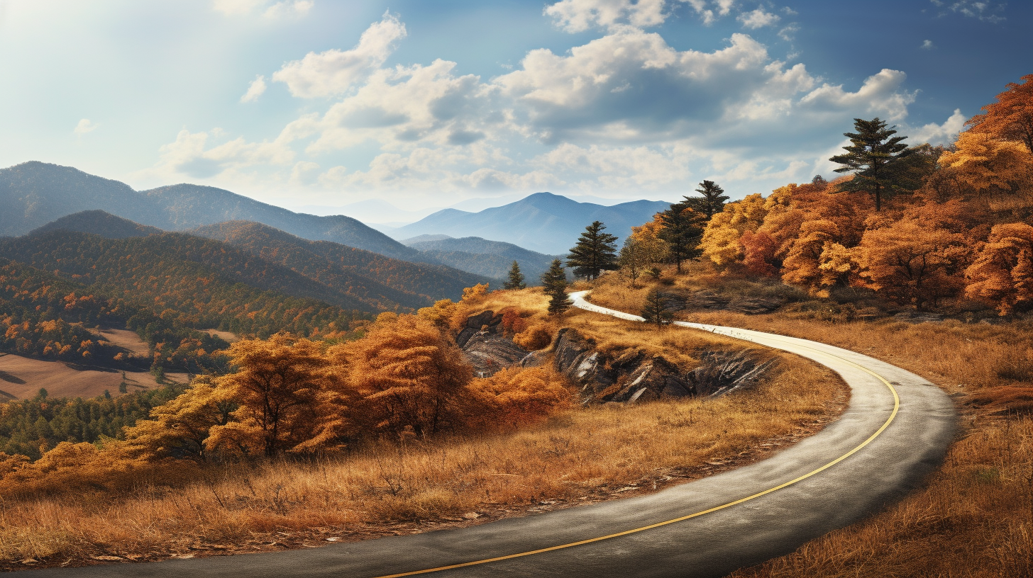 Scenic autumn road with farms and mountains