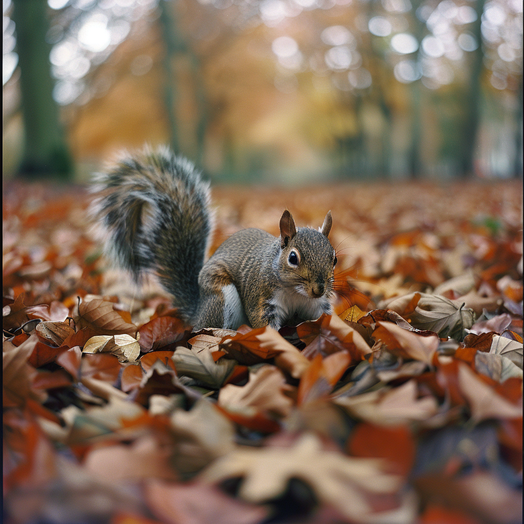 Squirrel collecting leaves for winter