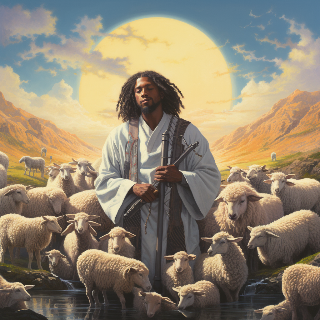 Melanated Jesus leading sheep by an autumn stream