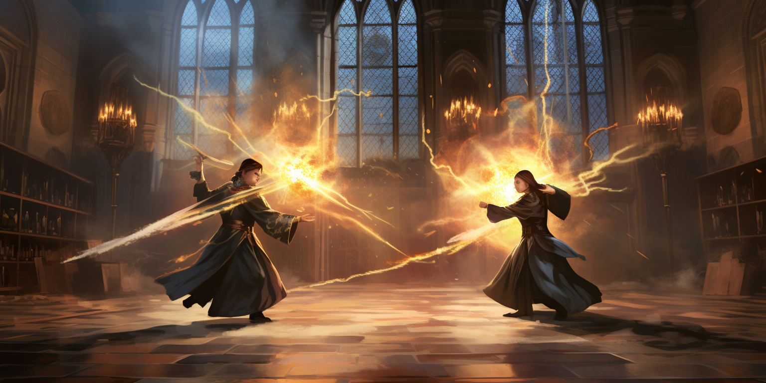 Hogwarts student wizards duelling