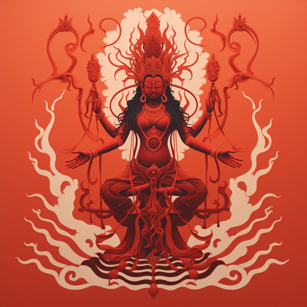 Simplified depiction of Avalokiteshvara Bodhisattva in cinnabar-line style