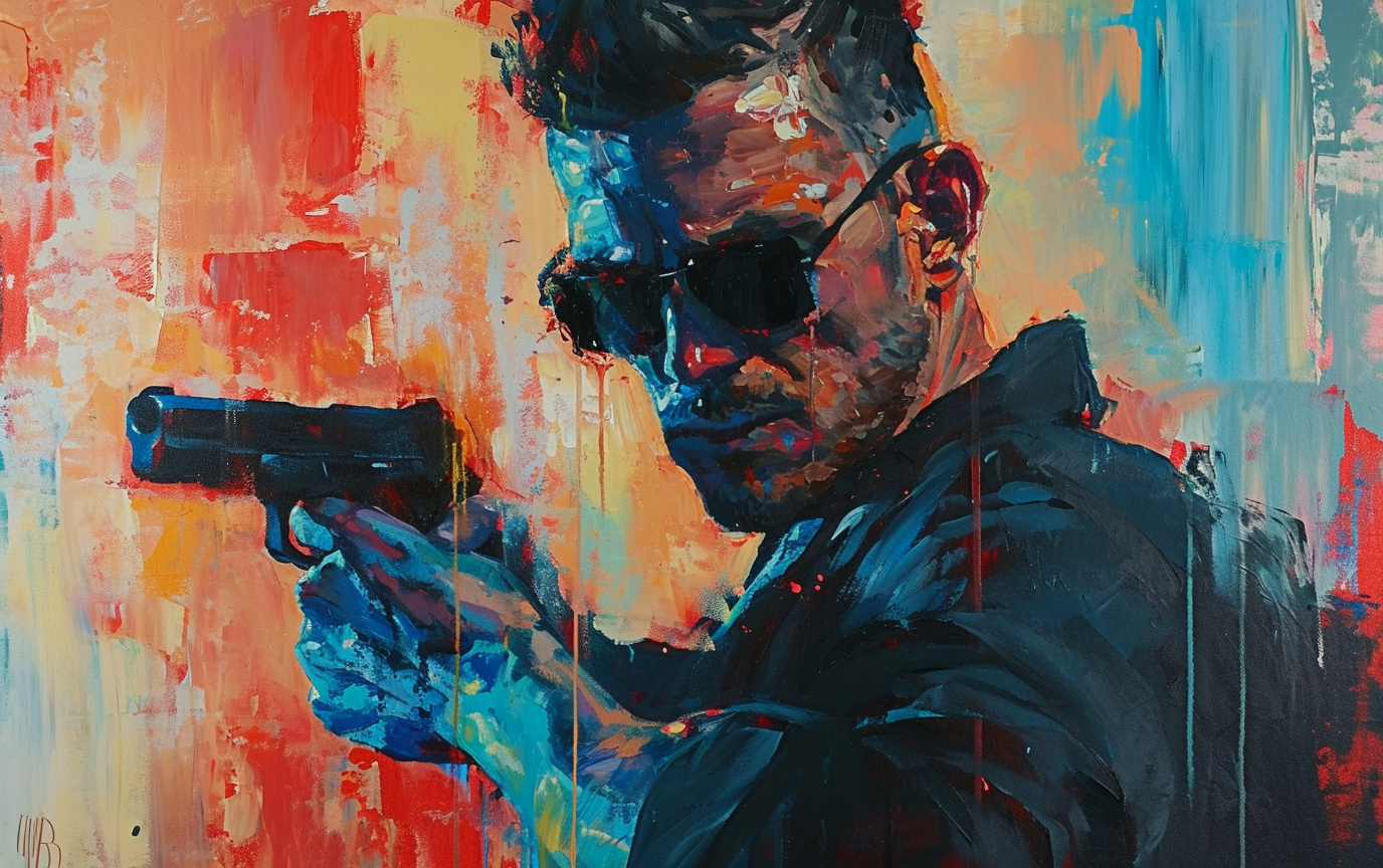 Avant-garde action movie protagonist painting