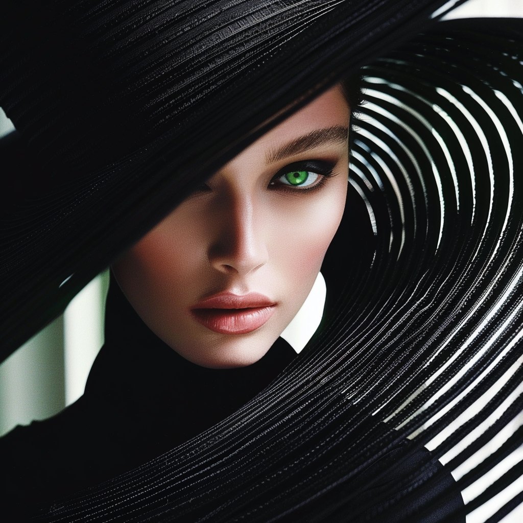 Model with avant-garde black hat