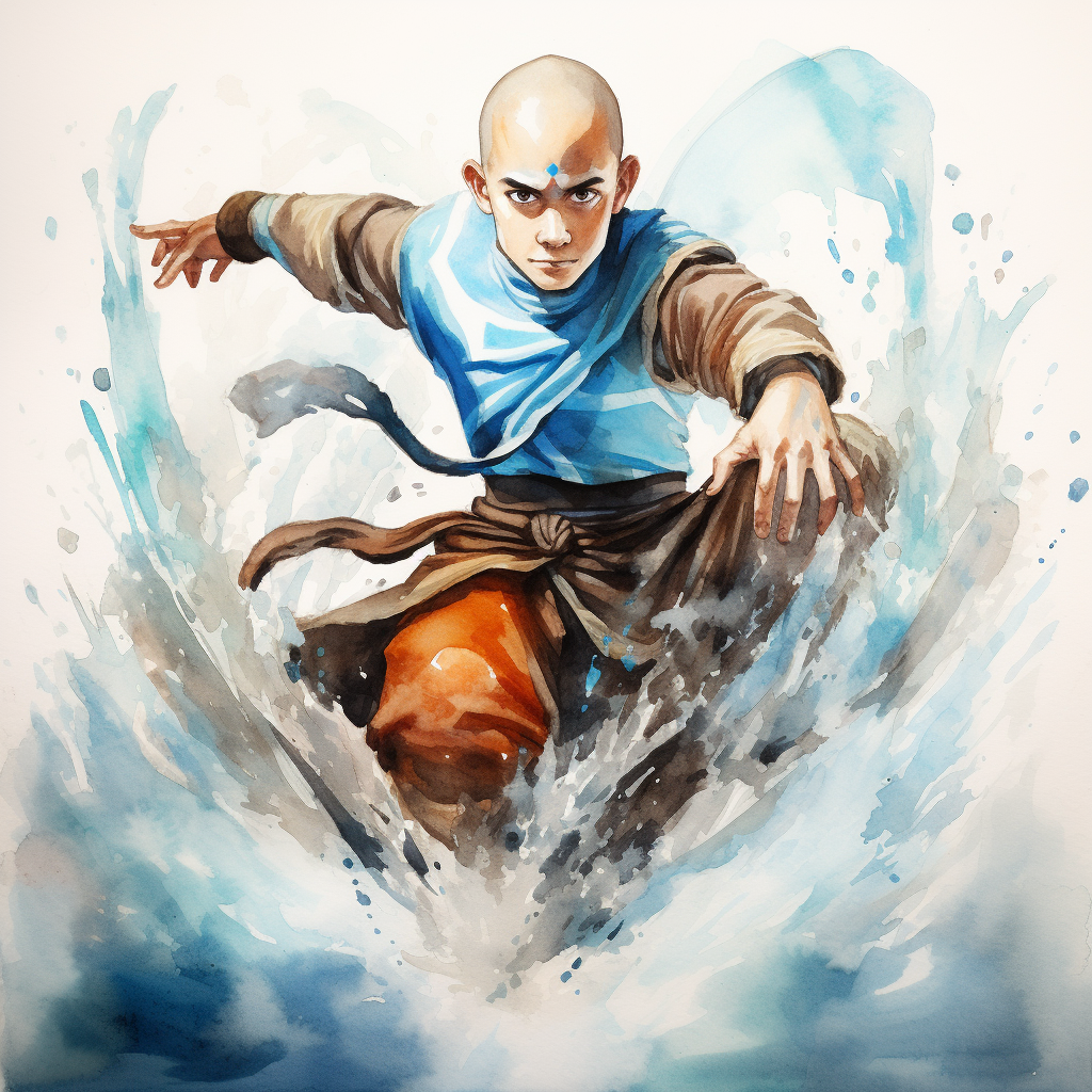 Aang from the Last Airbender Doing a Cool Pose in Watercolor