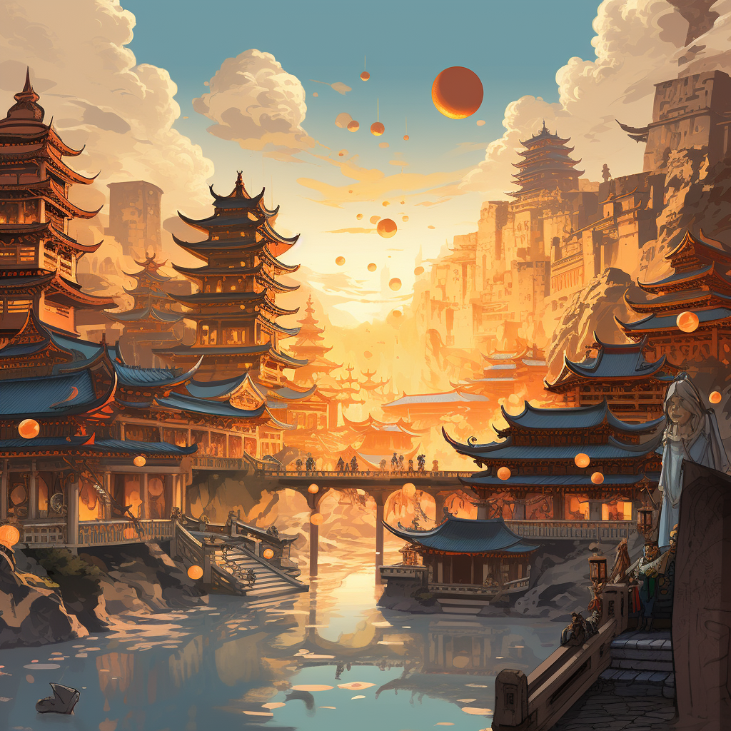 Stylized fantasy city art with Avatar vibes