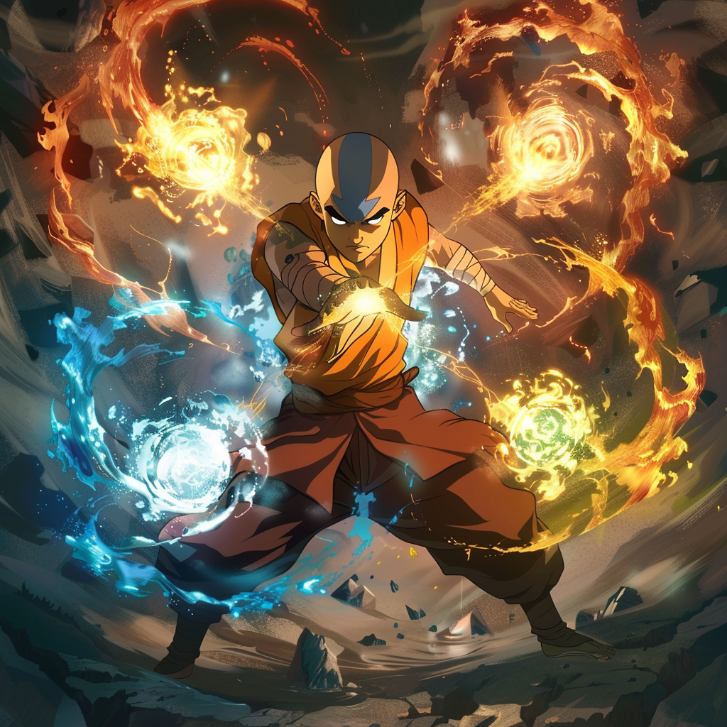 Aang with four elements swirling