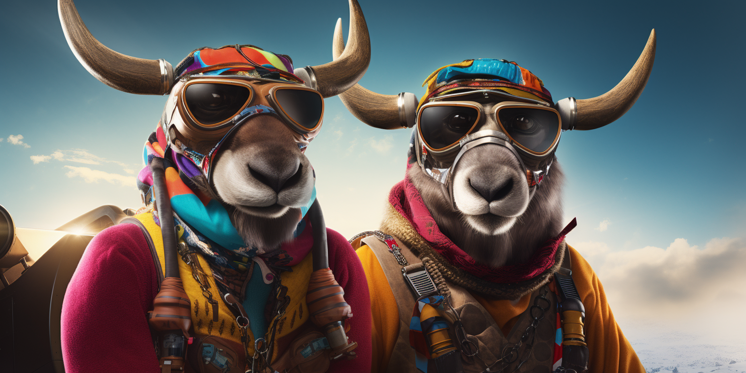 Two reindeers and AI robot wearing colorful winter gear