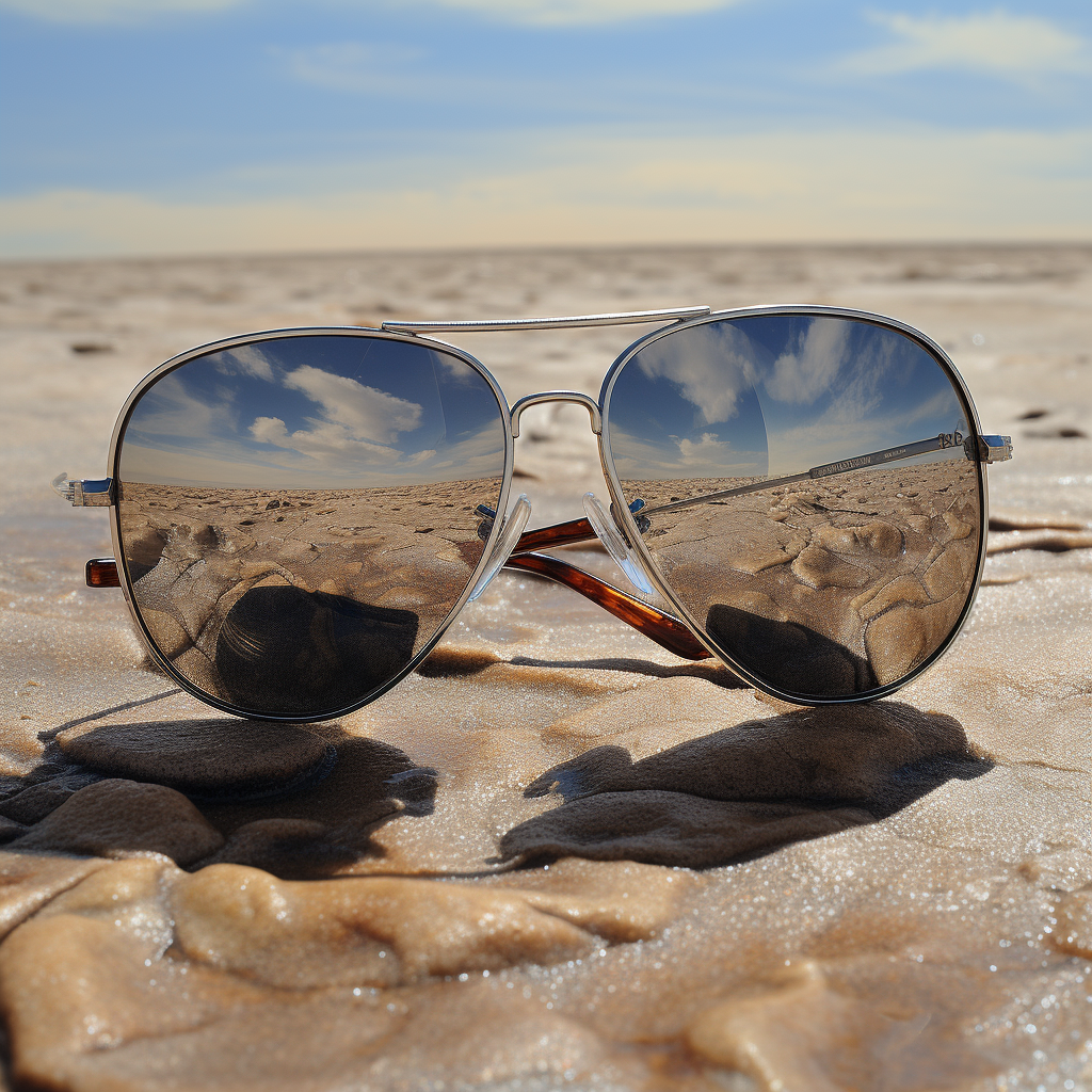 Aviator sunglasses reflection on barren landscape