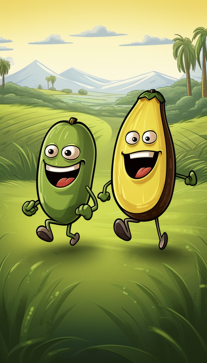 Cartoon image of avocado and banana running in tall grass