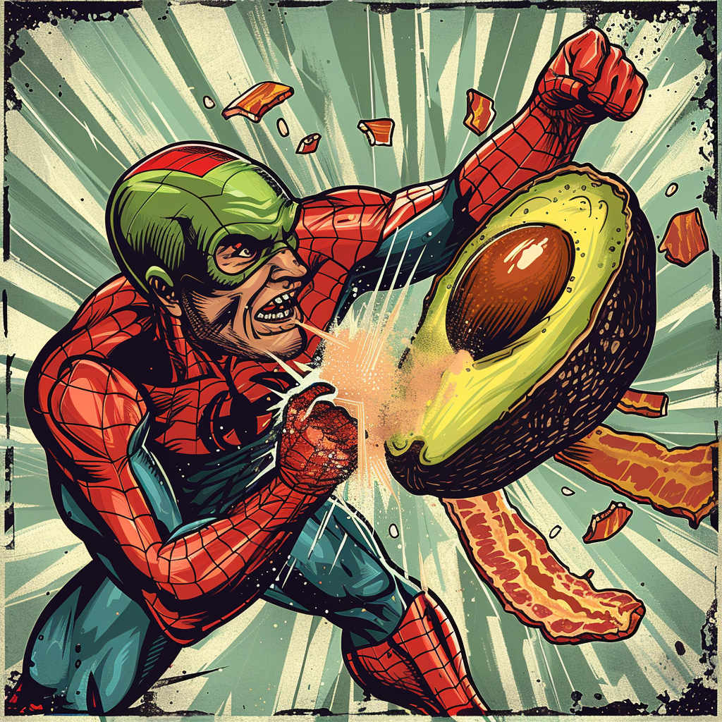 Avocado superhero fighting bacon man