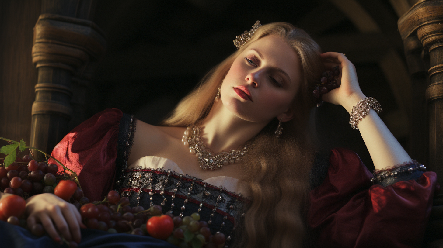 Saucy medieval courtesan enjoying grapes and cherries