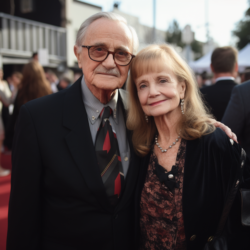 Glamorous award show couple smiling on red carpet