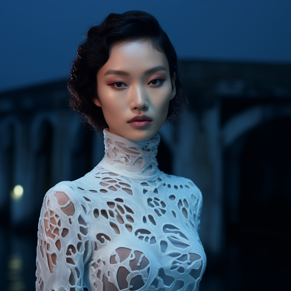 Asian model wearing conceptual crochet turtleneck in Venice