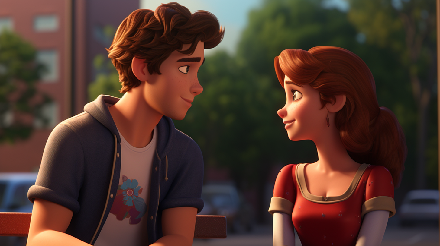 Awkward teenagers admiring each other in 3D Disney animation