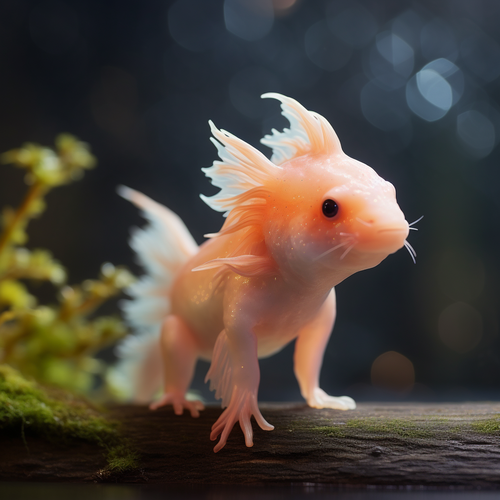 Axolotl mixed with goldfish side view