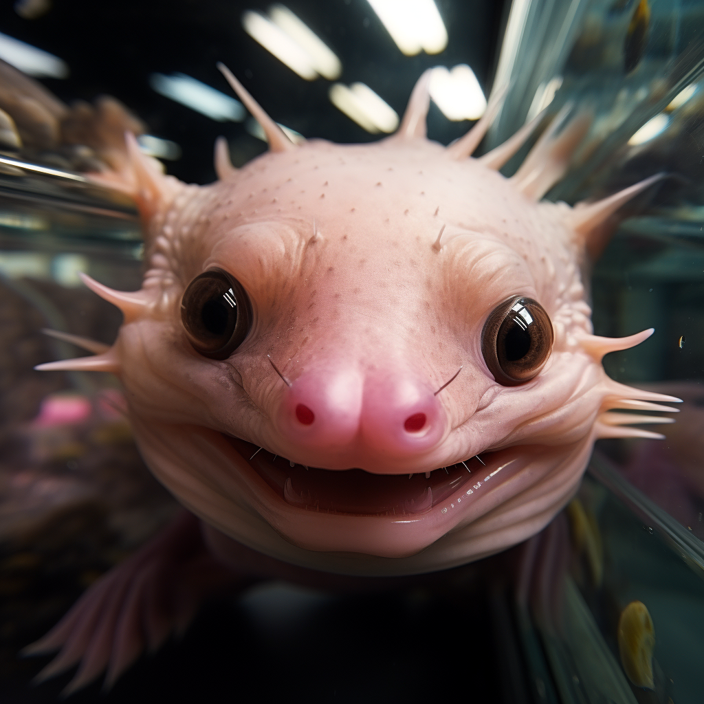 Axolotl smiling with fish eye lens