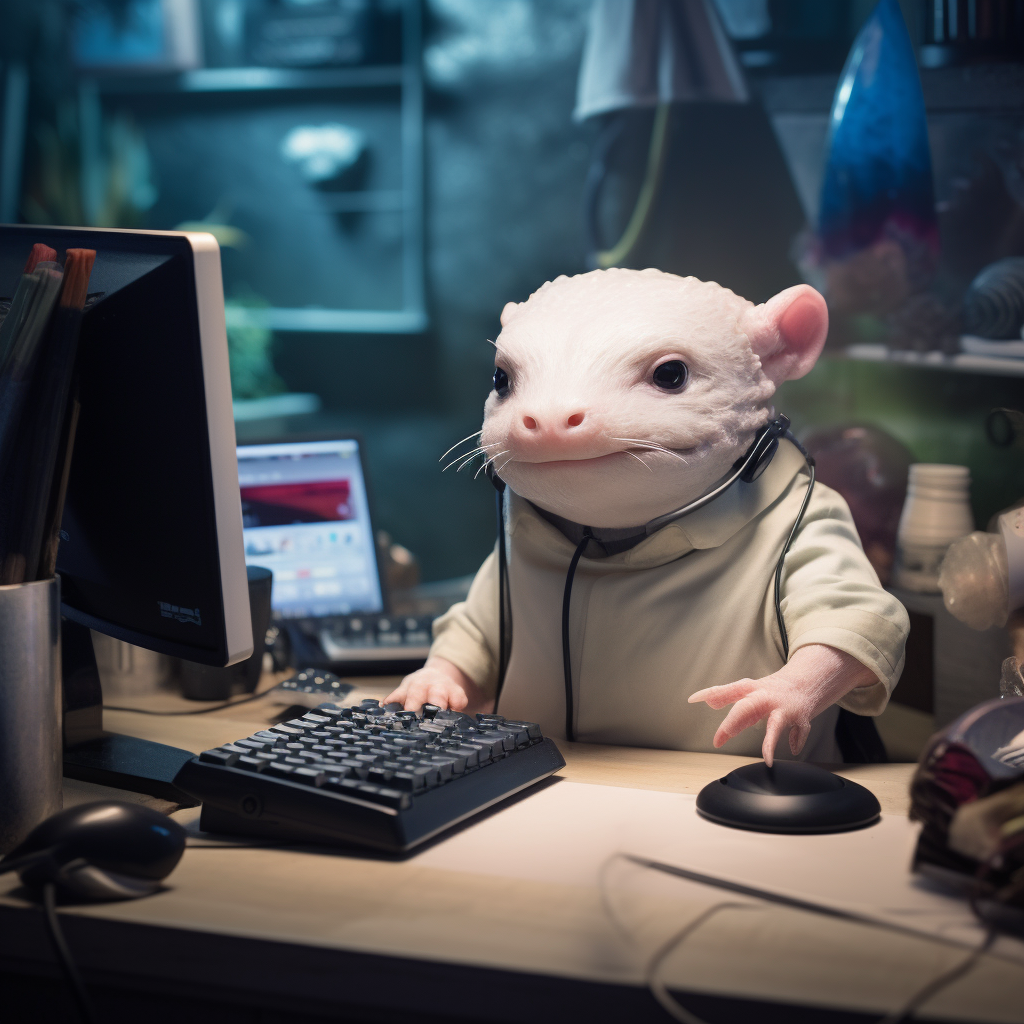 Axolotl IT support technician with headset and computer