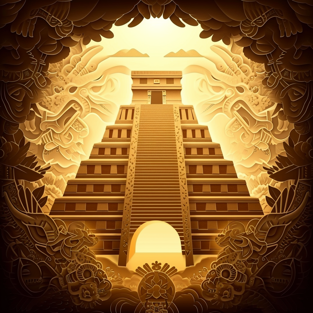 aztec pyramid intricate carvings paper cut style vector