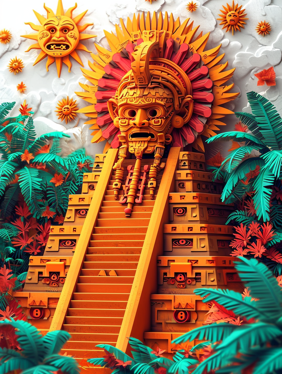 Aztec pyramid with intricate glyphs and sun rays