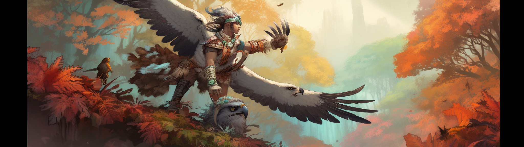 Aztec warrior battling white feathered raptor in forest