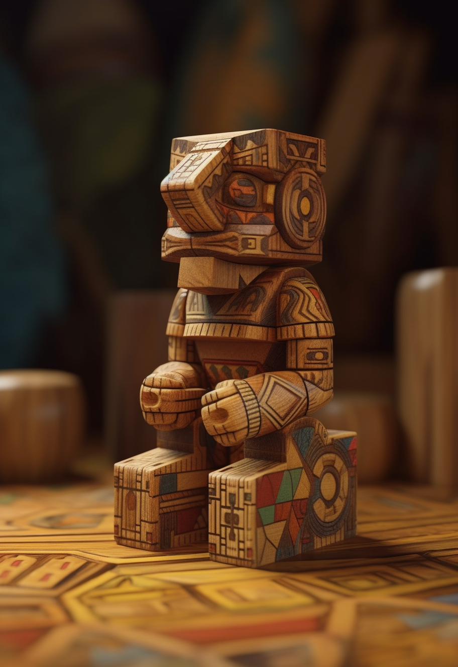 Aztec wooden toy, realistic 3D image