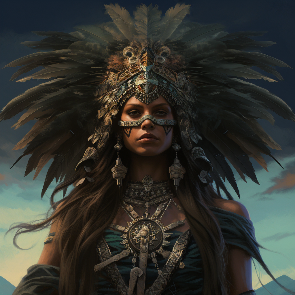 Powerful Aztec Eagle Goddess soaring through the sky