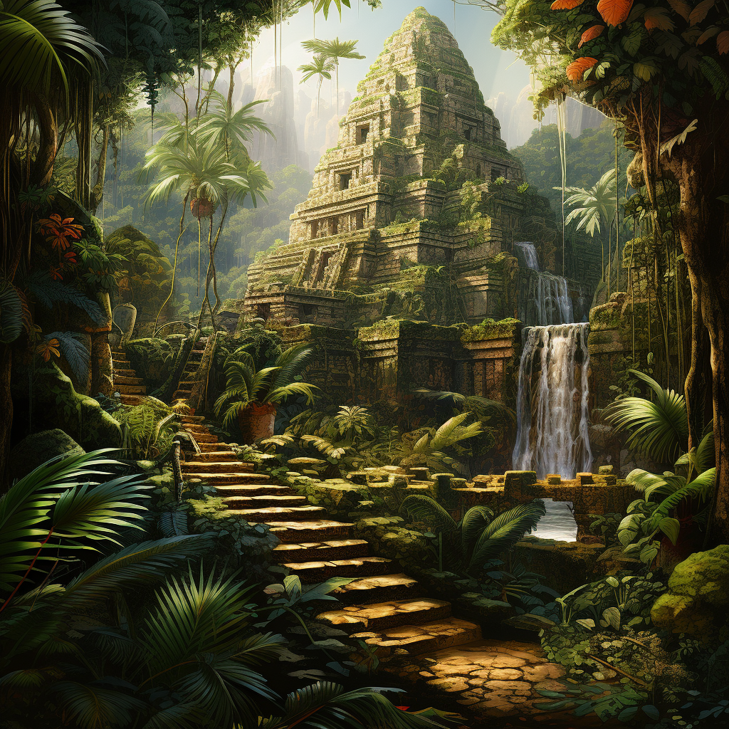 Ancient Aztec temple nestled in lush jungle