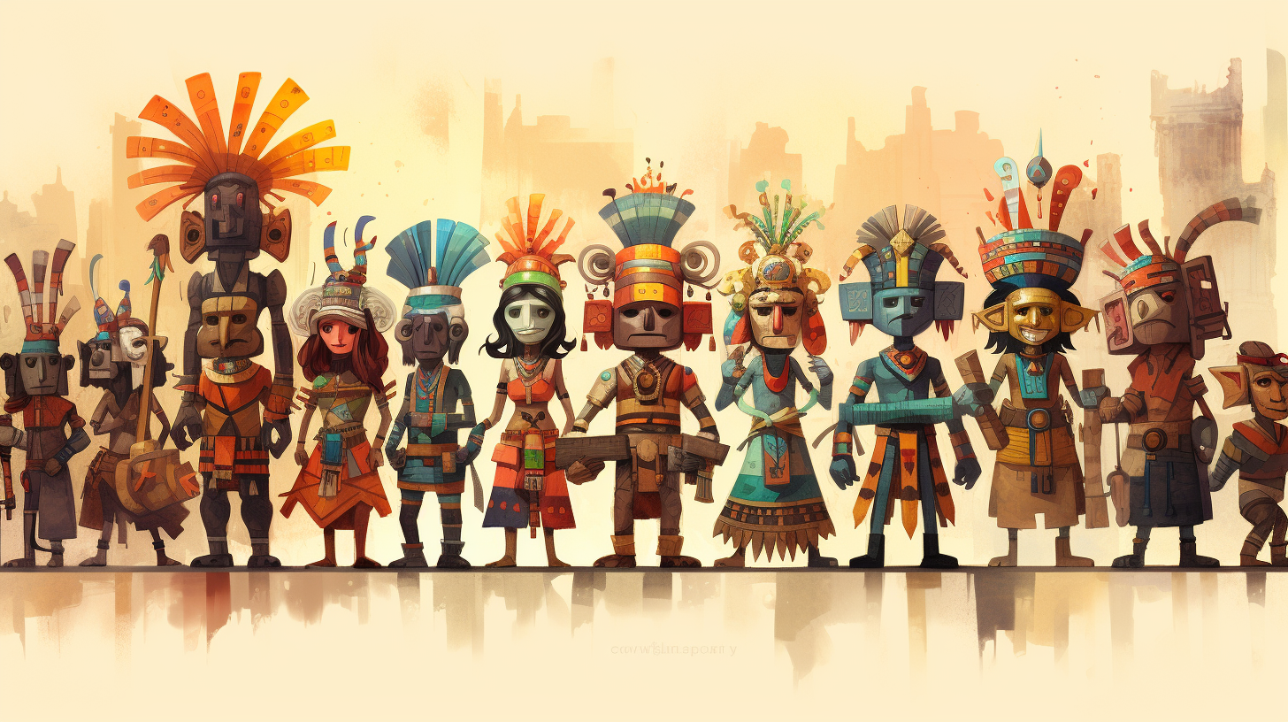 Vibrant 2D watercolor illustration of Azteca community group