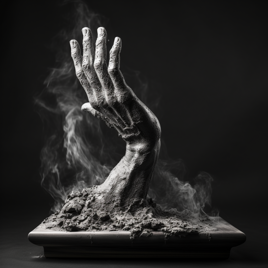 Monochrome sculpture hand with dust