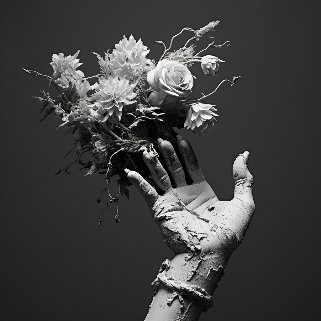 Beautiful sculpture hand holding flowers on black background