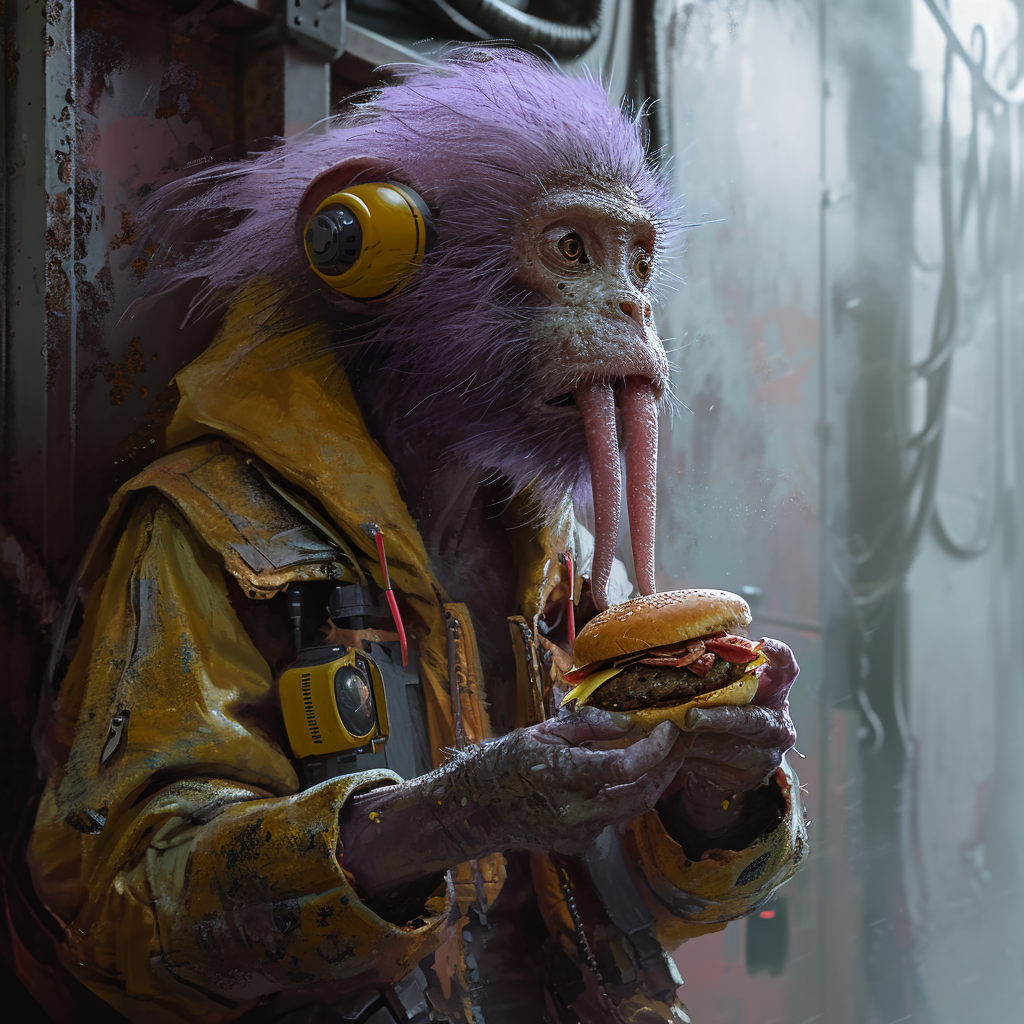 Baboon creature with lavender fur eating a cheeseburger