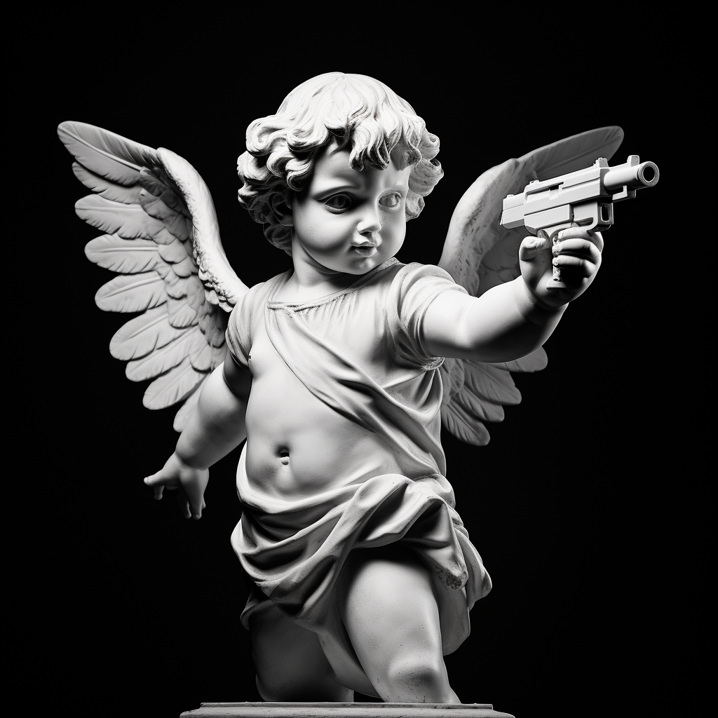 Black and white illustration of baby angel with UZI