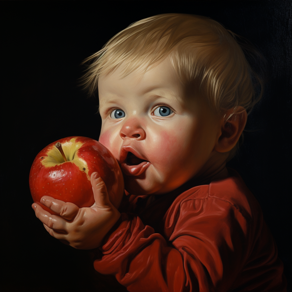 Adorable baby enjoying a fresh apple from the oven