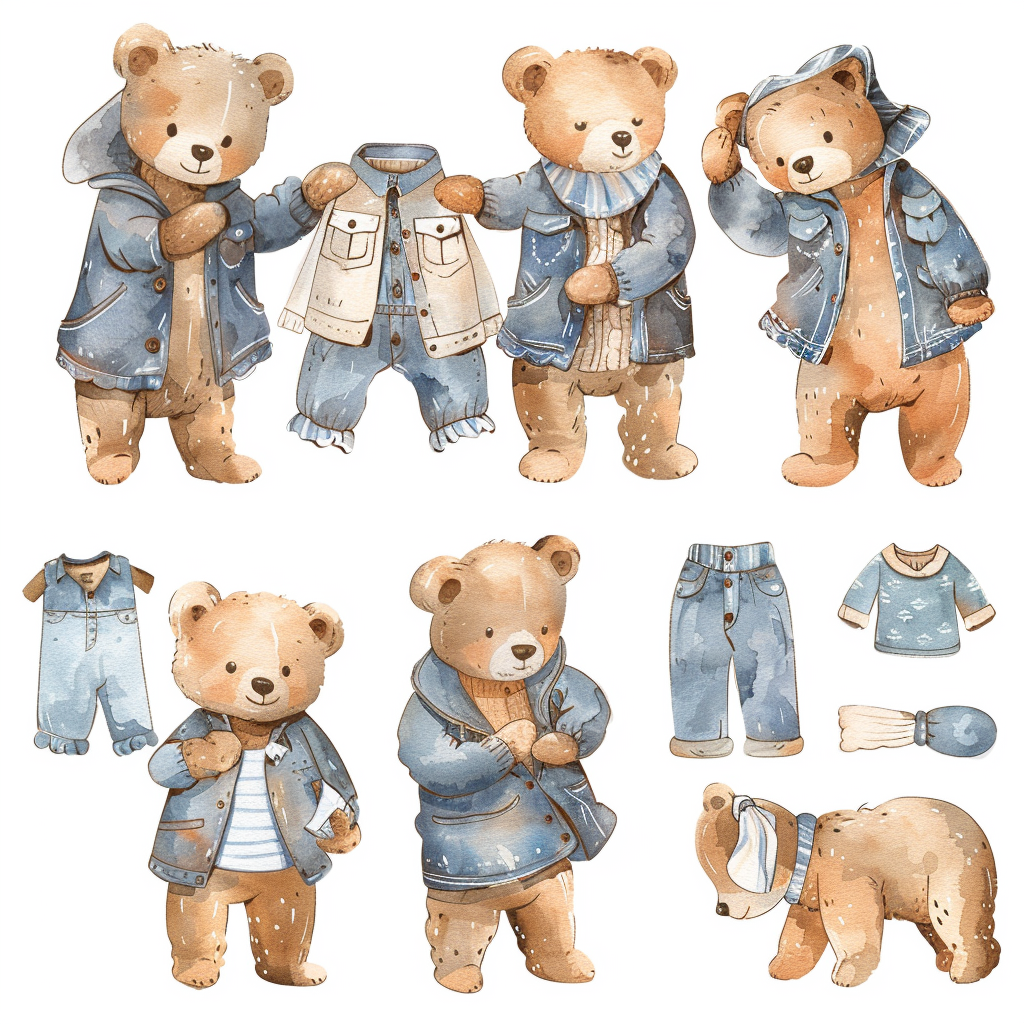 Baby bear dressing clipart set