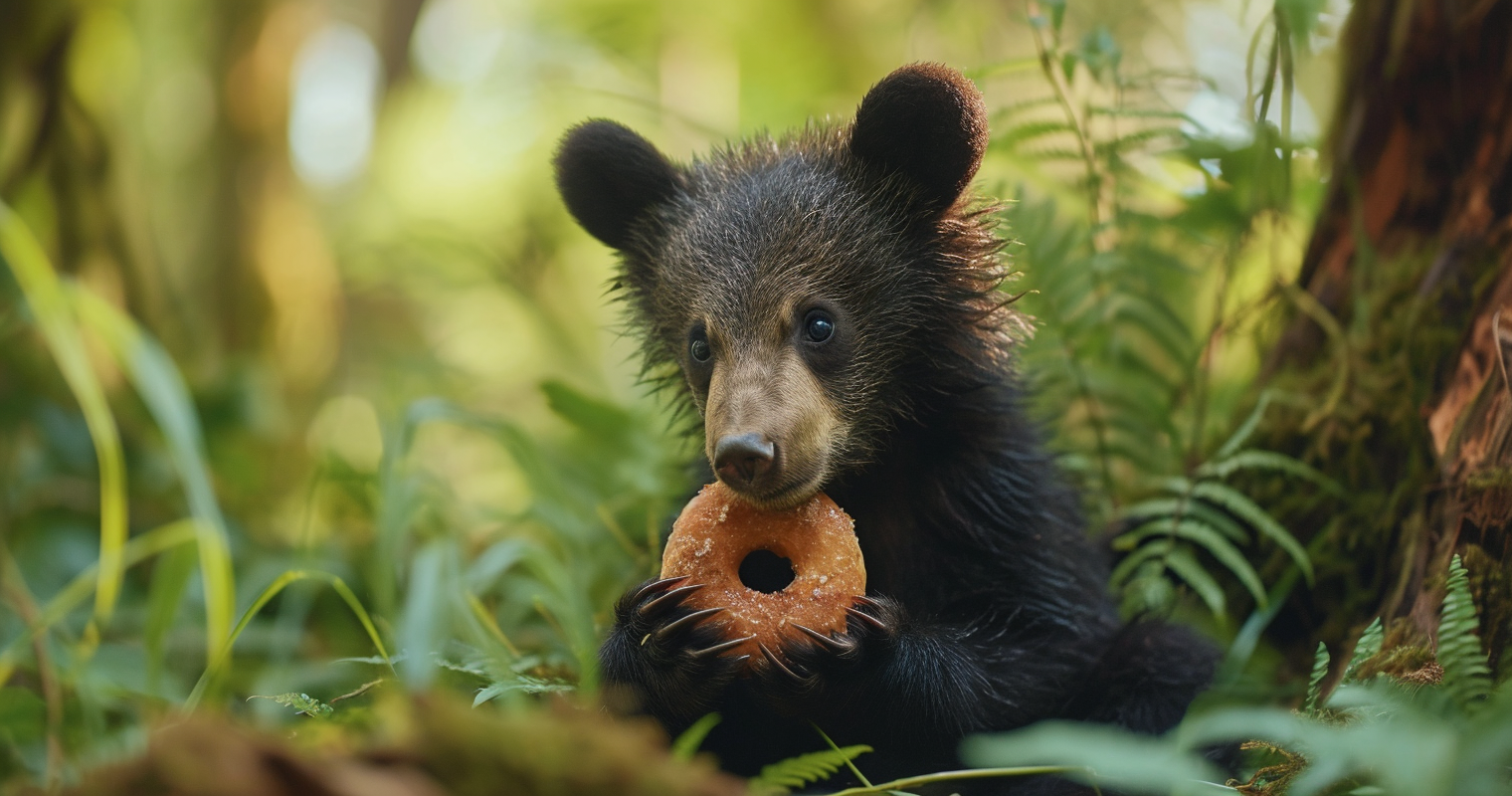 Happy baby bear enjoying donut holes