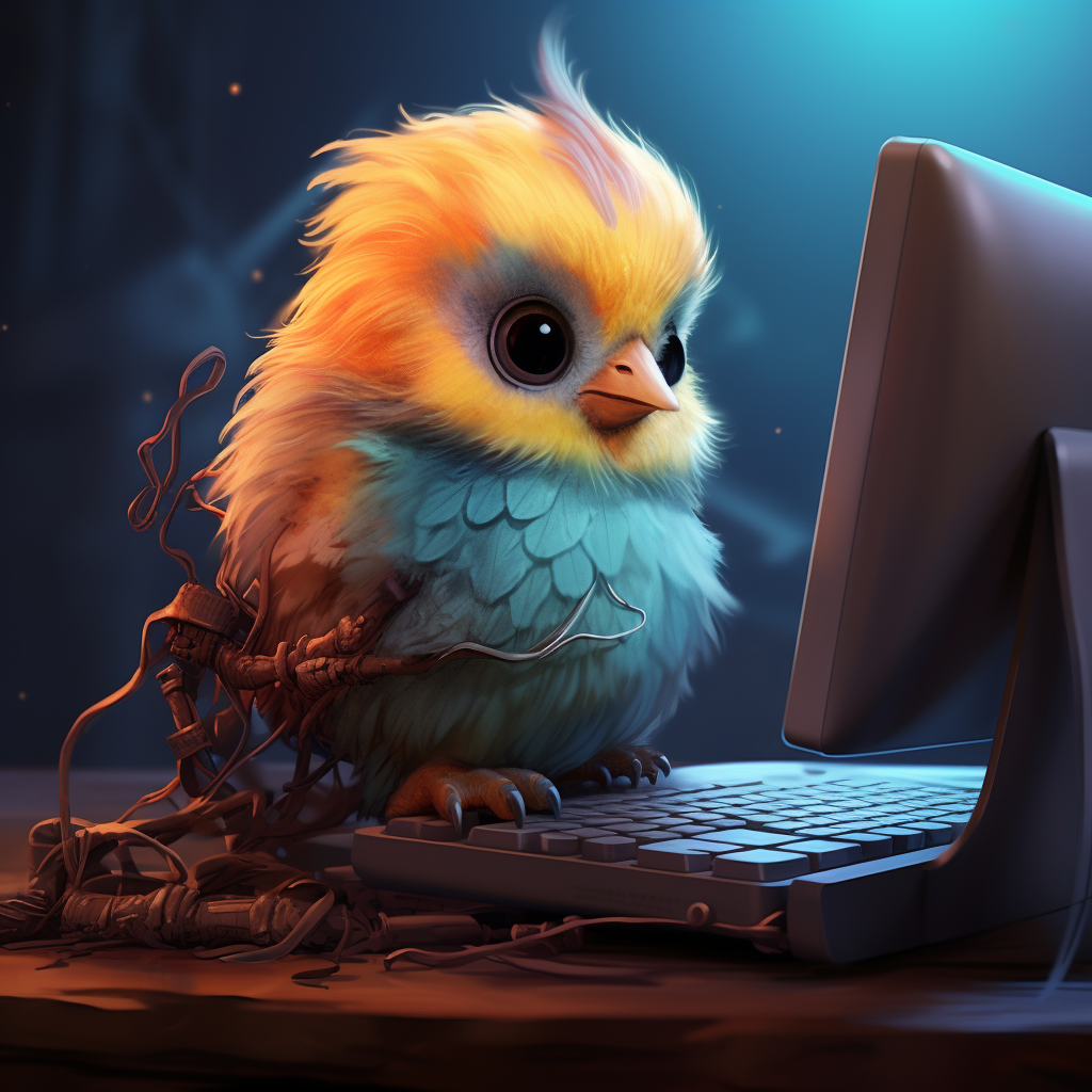 Cute baby bird playing computer