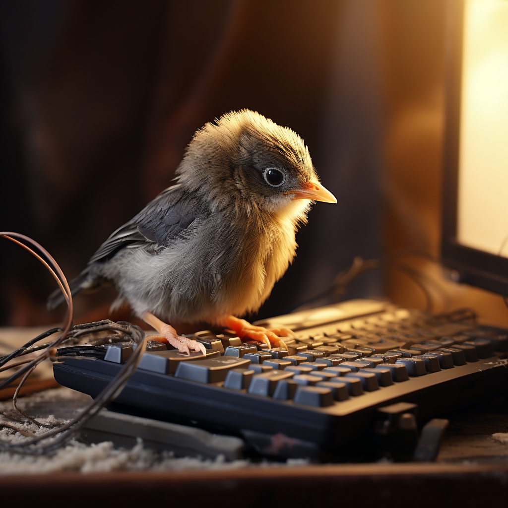 Adorable baby bird playing computer