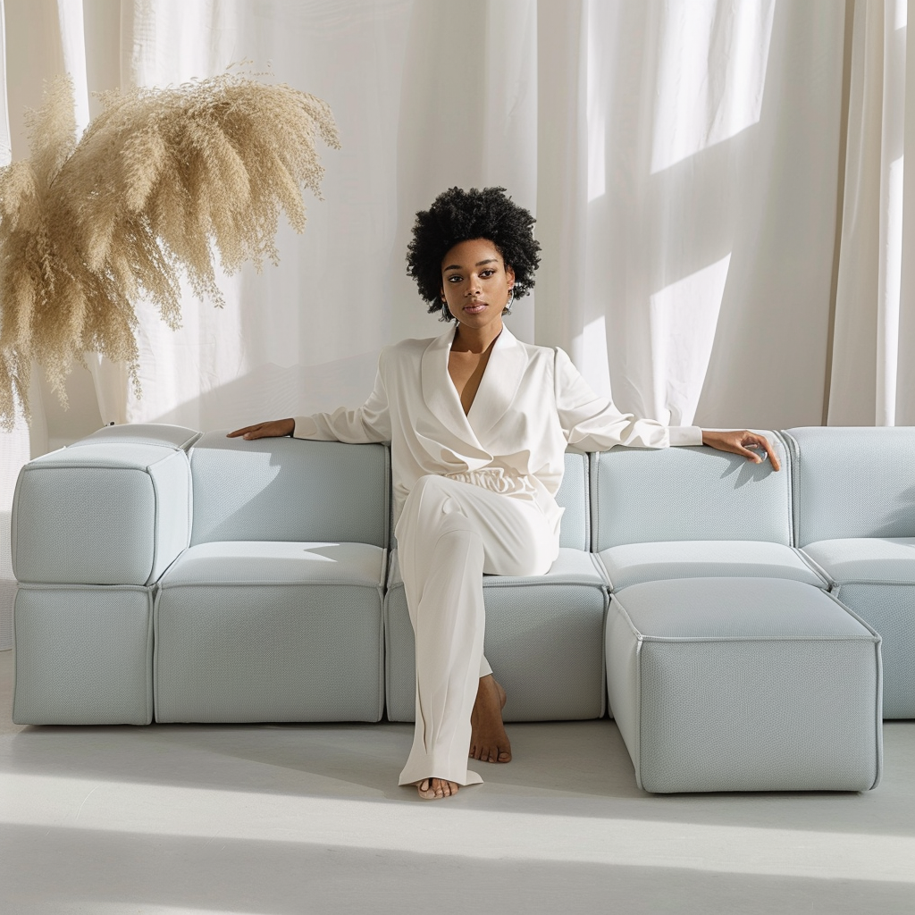 Woman sitting on baby blue sofa