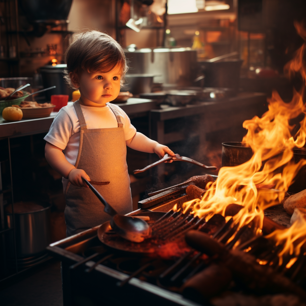 Baby Boy Cooking in Restaurant Kitchen