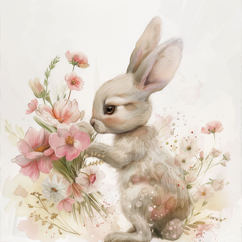 Cute baby bunny holding flowers