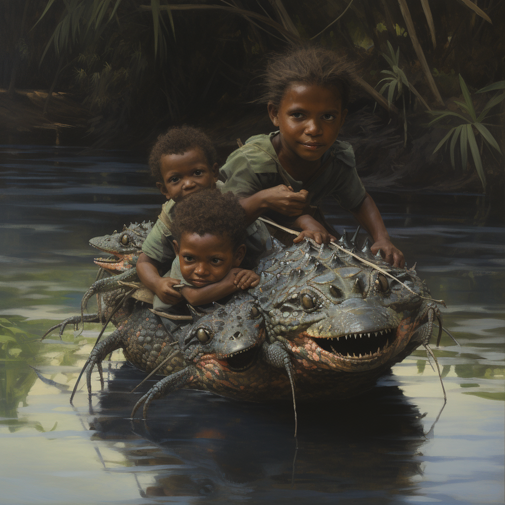 Baby Bunyip carried by Aboriginal boys near water