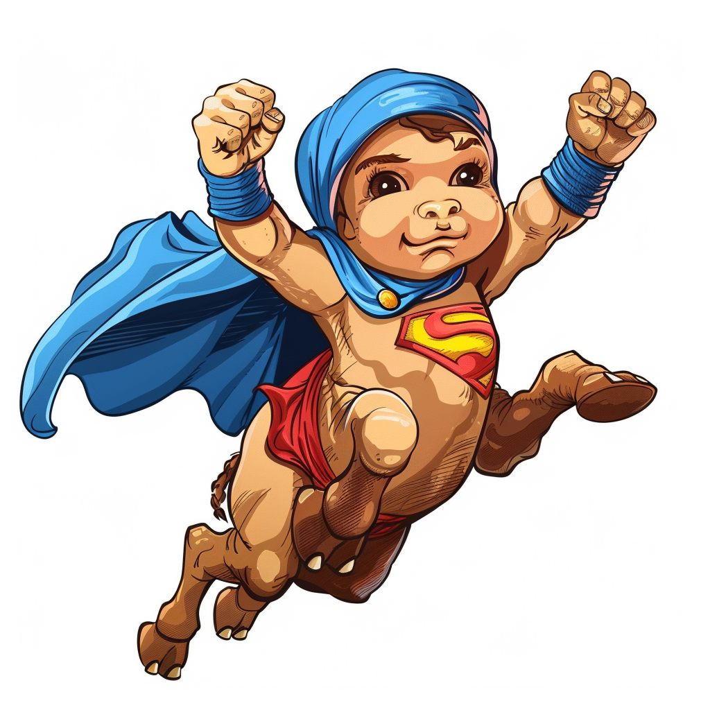 Cartoon baby camel superhero flying