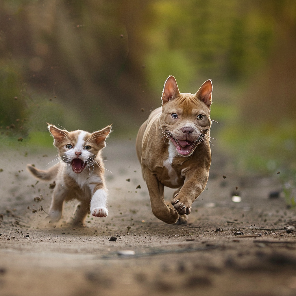 Baby cat chasing pitbull