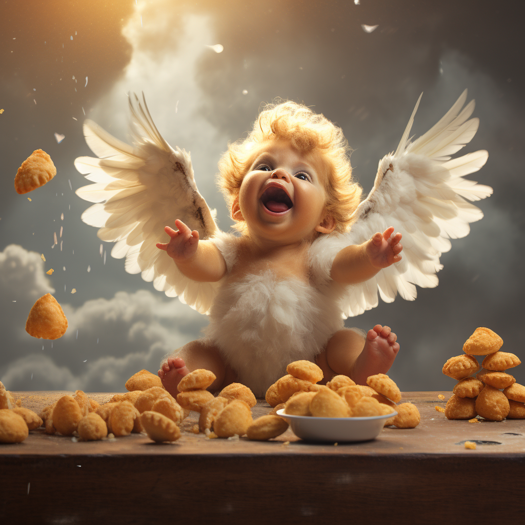 Baby chicken enjoying chicken wings and nuggets